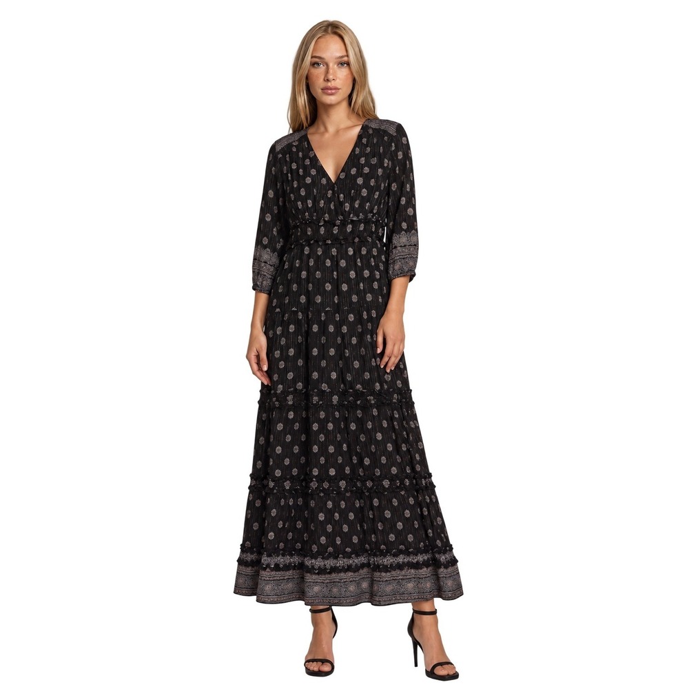 NEW Nurture Westbound Maxi Dress Womens Size Large Black Bohemian Gold Medallion